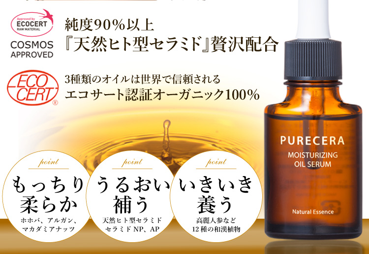 天然ヒト型セラミド贅沢配合、エコサート認証100％